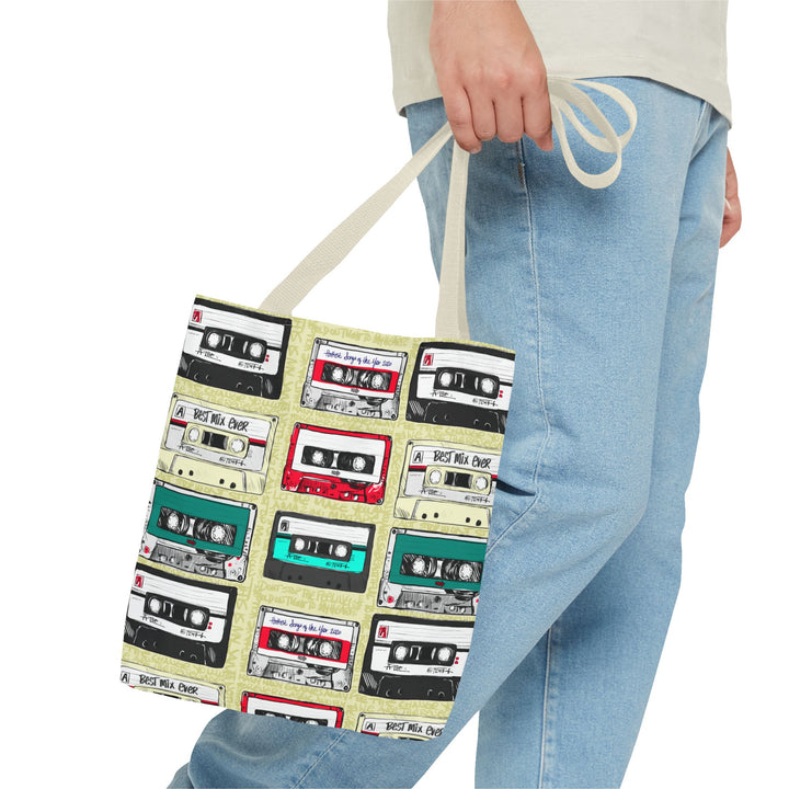 Retro Cassette Tape Tote Bag — Vintage 80s Music Pattern All-Over Print