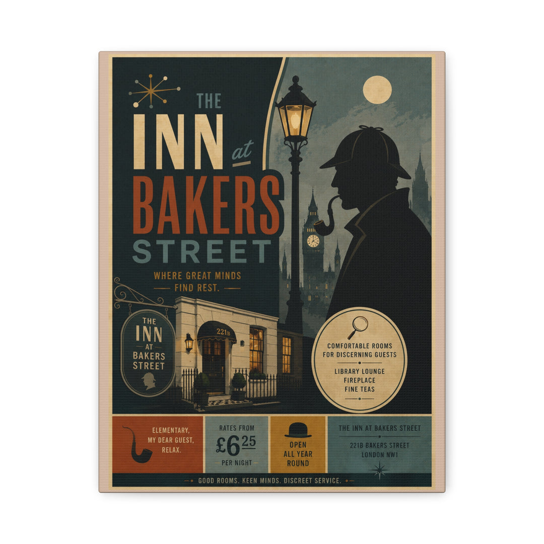 Baker Street Inn Matte Stretched Canvas Art — Sherlock Holmes Vintage Travel Poster