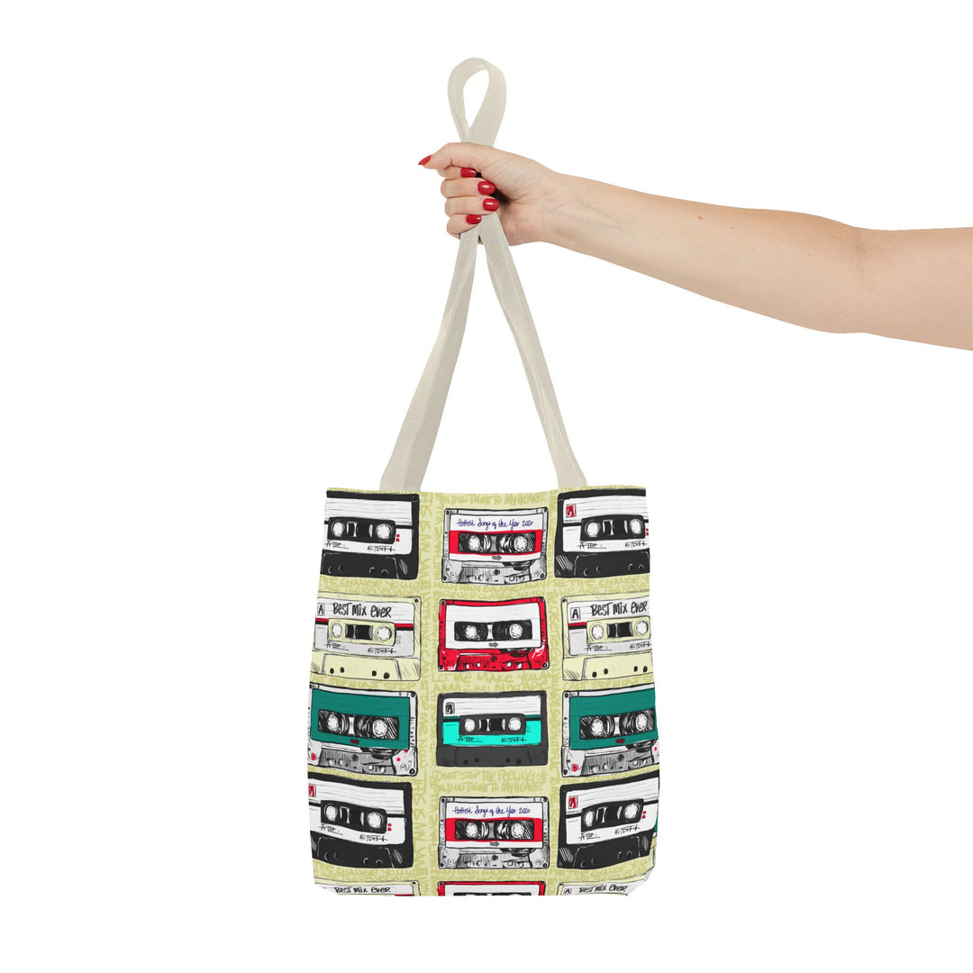 Retro Cassette Tape Tote Bag — Vintage 80s Music Pattern All-Over Print