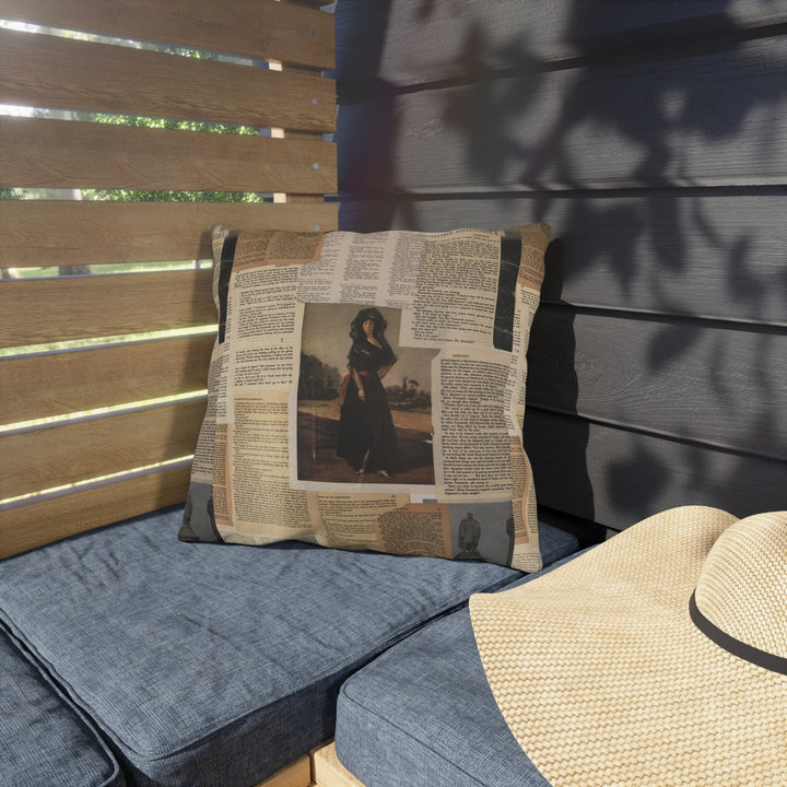 Vintage Collage Outdoor Pillow – Antique Book Pages &amp; Classic Portrait Accent