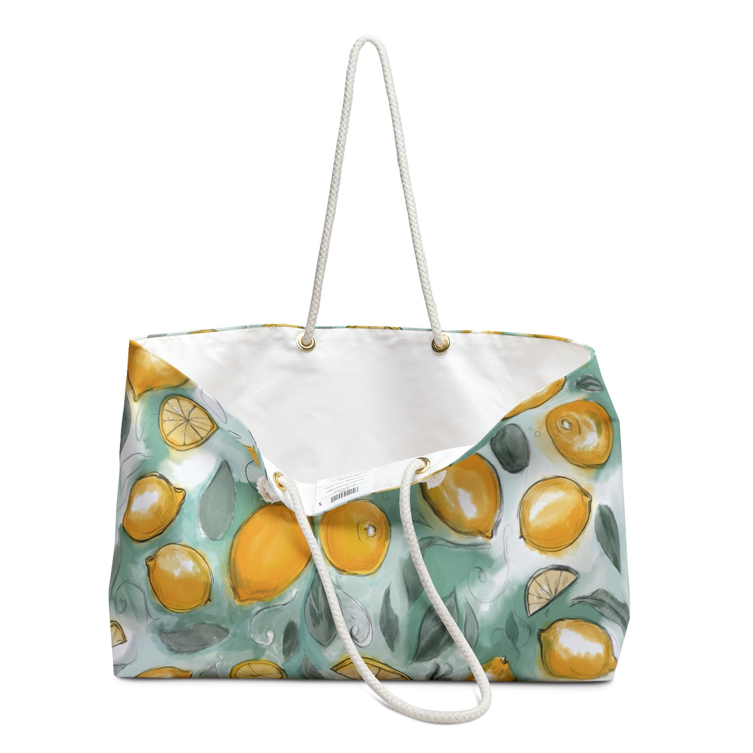 Lemon Watercolor Weekender Bag — Citrus Print Travel Tote