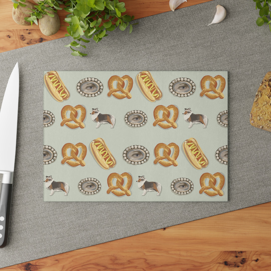 Eye Love Dogs and Hot Dogs Glass Cutting Board