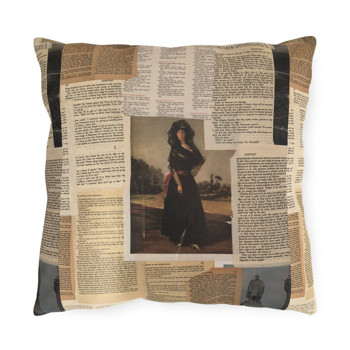 Vintage Collage Outdoor Pillow – Antique Book Pages &amp; Classic Portrait Accent