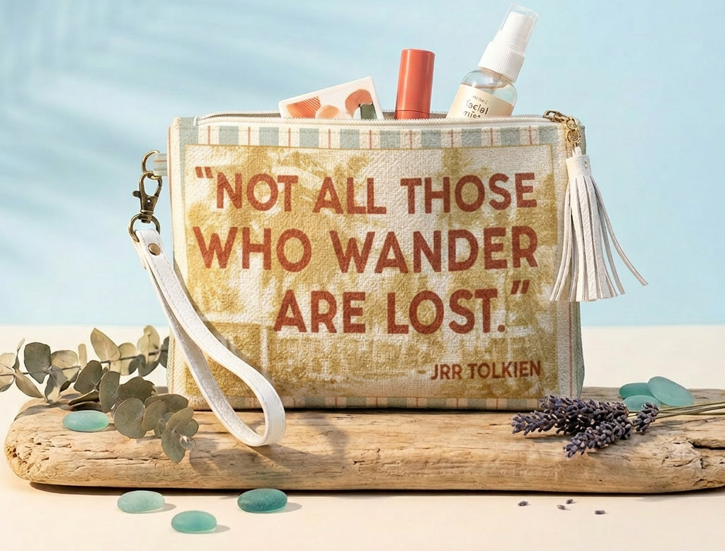 Pouch with 'Not all those who wander are lost' quote by J.R.R. Tolkien on a beach setting
