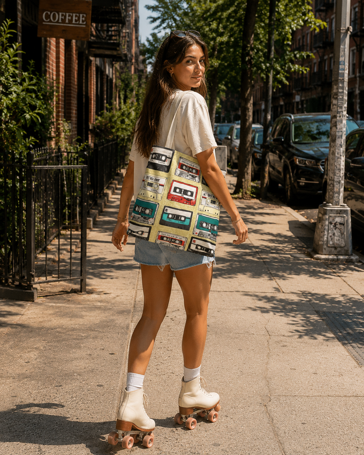 Retro Cassette Tape Tote Bag — Vintage 80s Music Pattern All-Over Print
