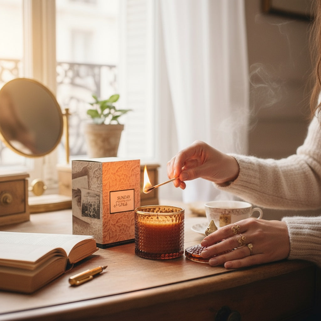 Cloque and Dagger amber textured glass candle with gold rim, soy wax blend, and natural elements. A hand is removing the lid.