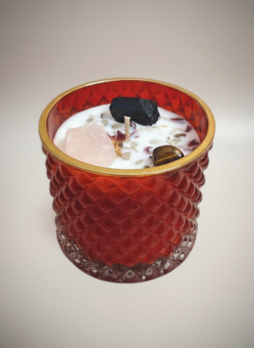 Cloque and Dagger red textured glass candle with gold rim, soy wax, Black Tourmaline, Rose Quartz, Tiger&