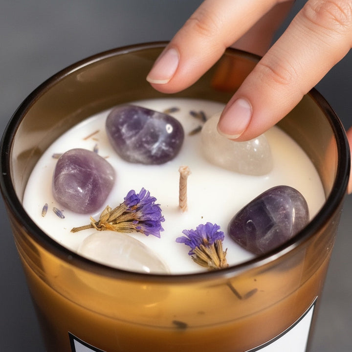 Cloque and Dagger Mysterious Apothecary candle in amber glass with amethyst, clear quartz, and botanicals.