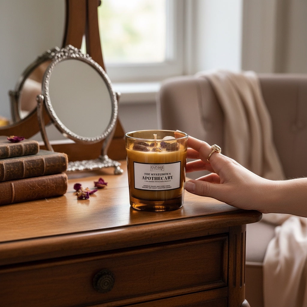 Cloque and Dagger Mysterious Apothecary candle in amber glass with amethyst and quartz. Whimsical, woody, floral scents.