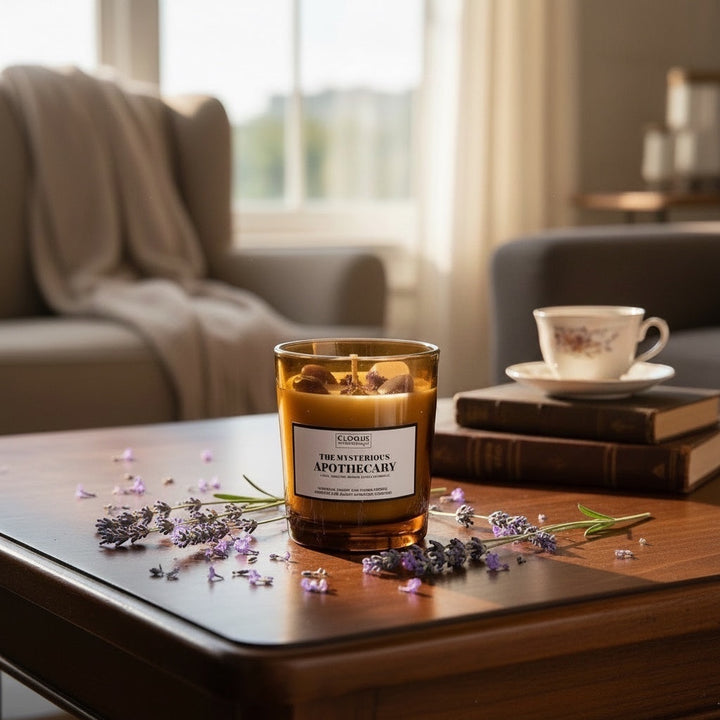 Cloque and Dagger Mysterious Apothecary candle in amber glass with amethyst and quartz. Whimsical, woody, floral scents.