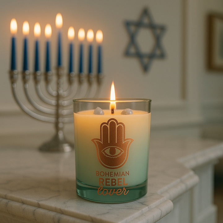Cloque and Dagger Bohemian Rebel Lover Hamsa hand candle in a glass vessel with a gradient finish. Features copper Hamsa design and two small crystals.