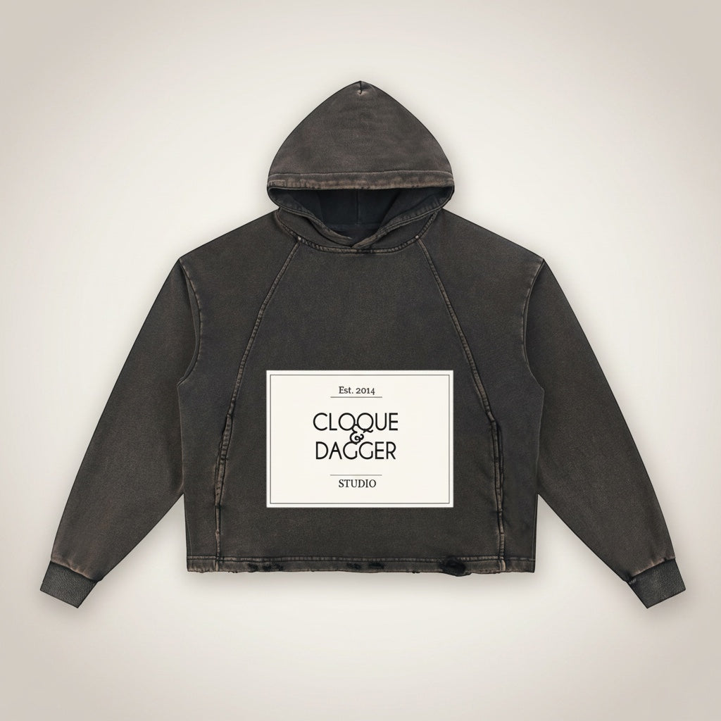 Cloque and Dagger charcoal grey washed cotton blend hoodie with frayed hem and graphic logo.