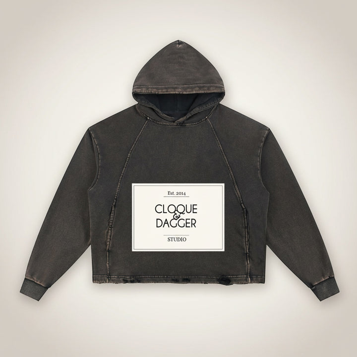 Cloque and Dagger charcoal grey washed cotton blend hoodie with frayed hem and graphic logo.