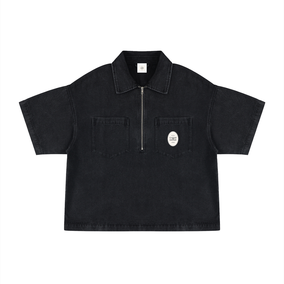 Unisex Vintage Wash Boxy Quarter-Zip Denim Shirt
