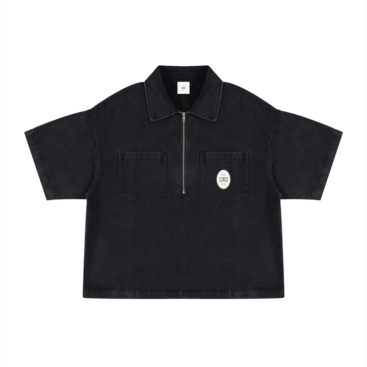 Unisex Vintage Wash Boxy Quarter-Zip Denim Shirt