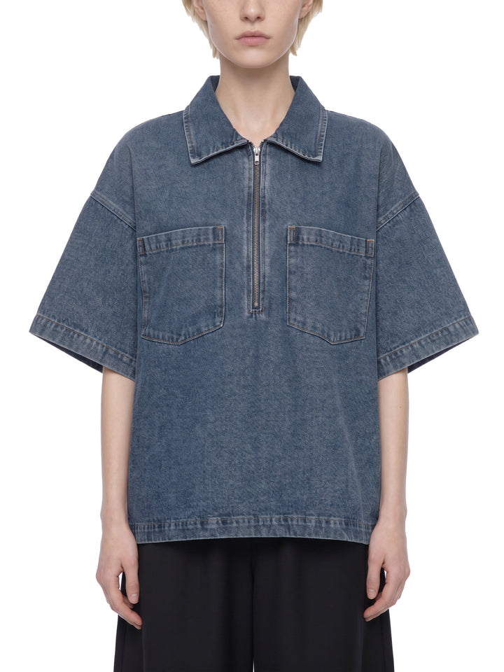 Unisex Vintage Wash Boxy Quarter-Zip Denim Shirt